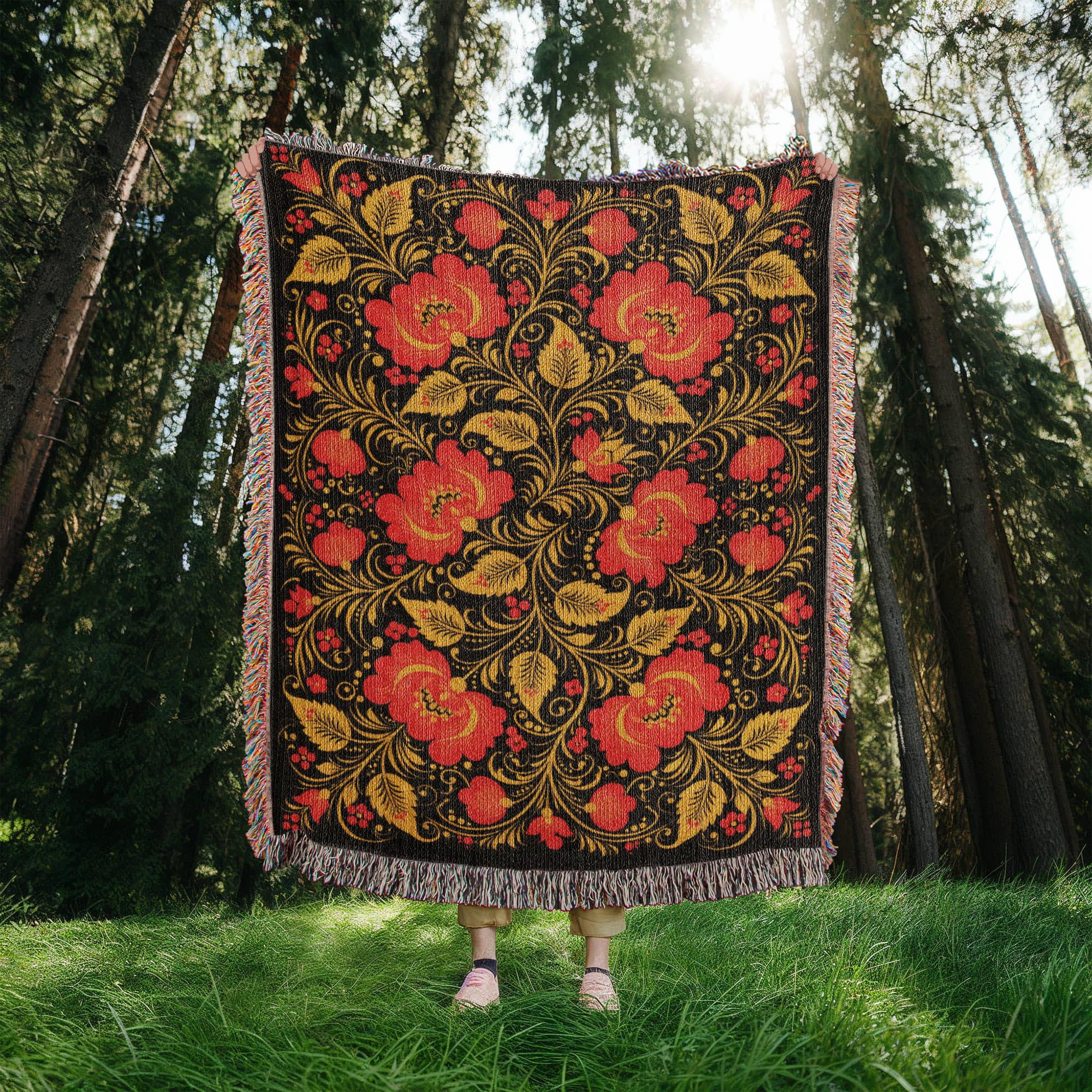 Folk Art Floral Traditional Russian Flower Woven Cotton Blanket - Image 3