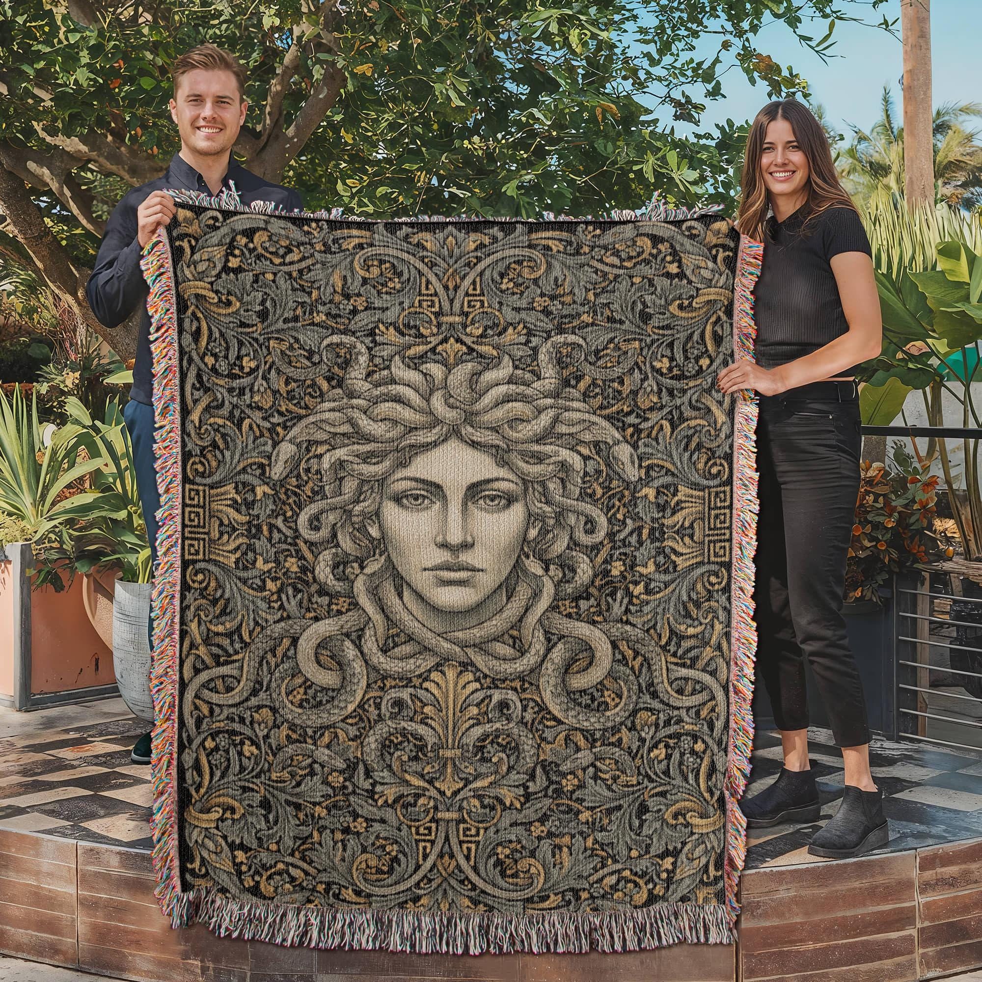 Medusa Greek Mythology Gorgon Woven Cotton Blanket - Image 3