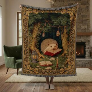 Whimsical Reading Hedgehog Cottagecore Forest Woven Cotton Blanket