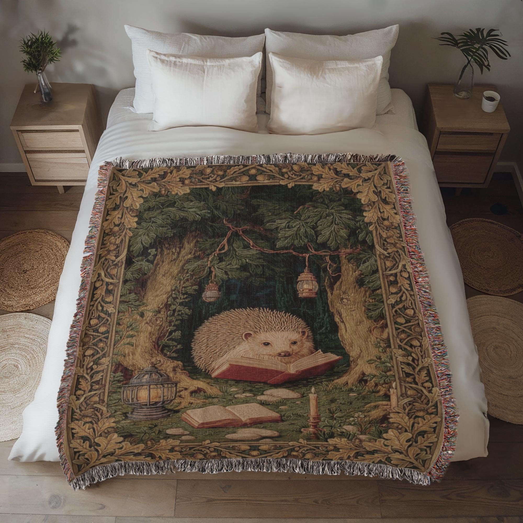 Whimsical Reading Hedgehog Cottagecore Forest Woven Cotton Blanket - Image 4