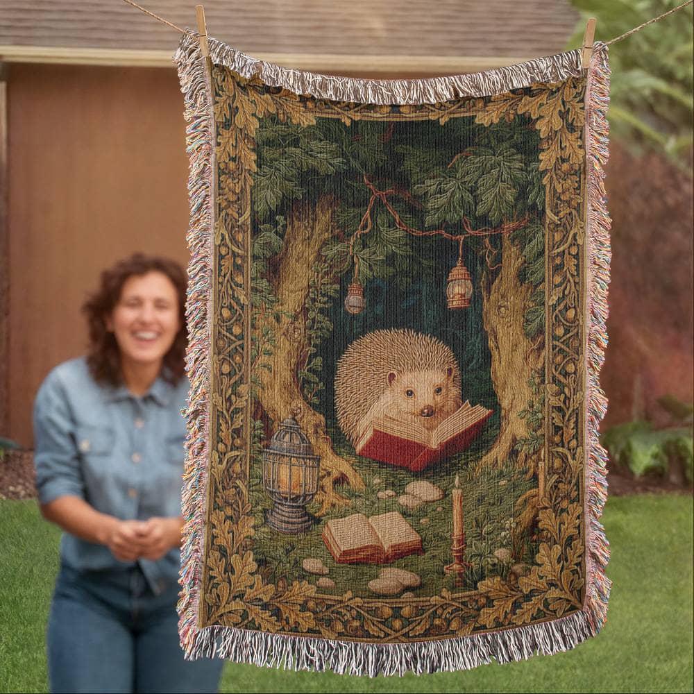 Whimsical Reading Hedgehog Cottagecore Forest Woven Cotton Blanket - Image 7