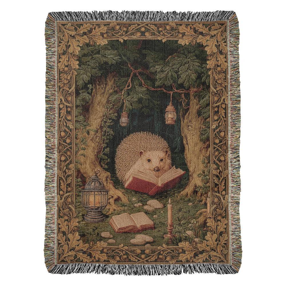 Whimsical Reading Hedgehog Cottagecore Forest Woven Cotton Blanket - Image 8