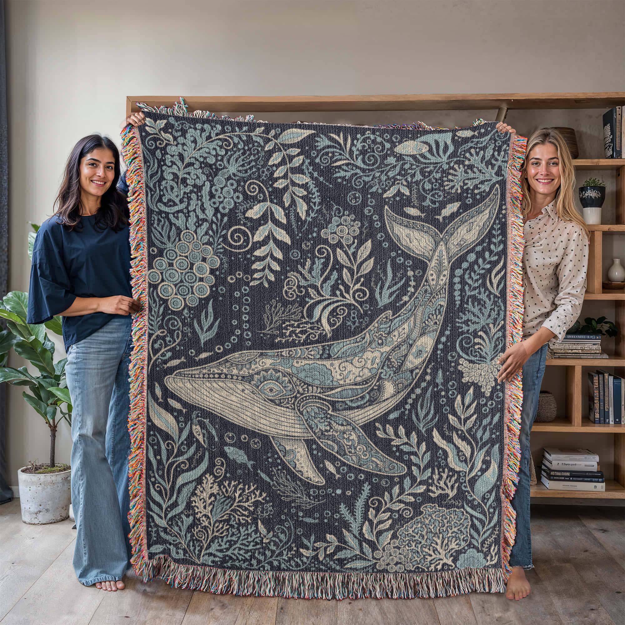 Humpback Whale Boho Coastal Decor Woven Cotton Blanket - Image 3