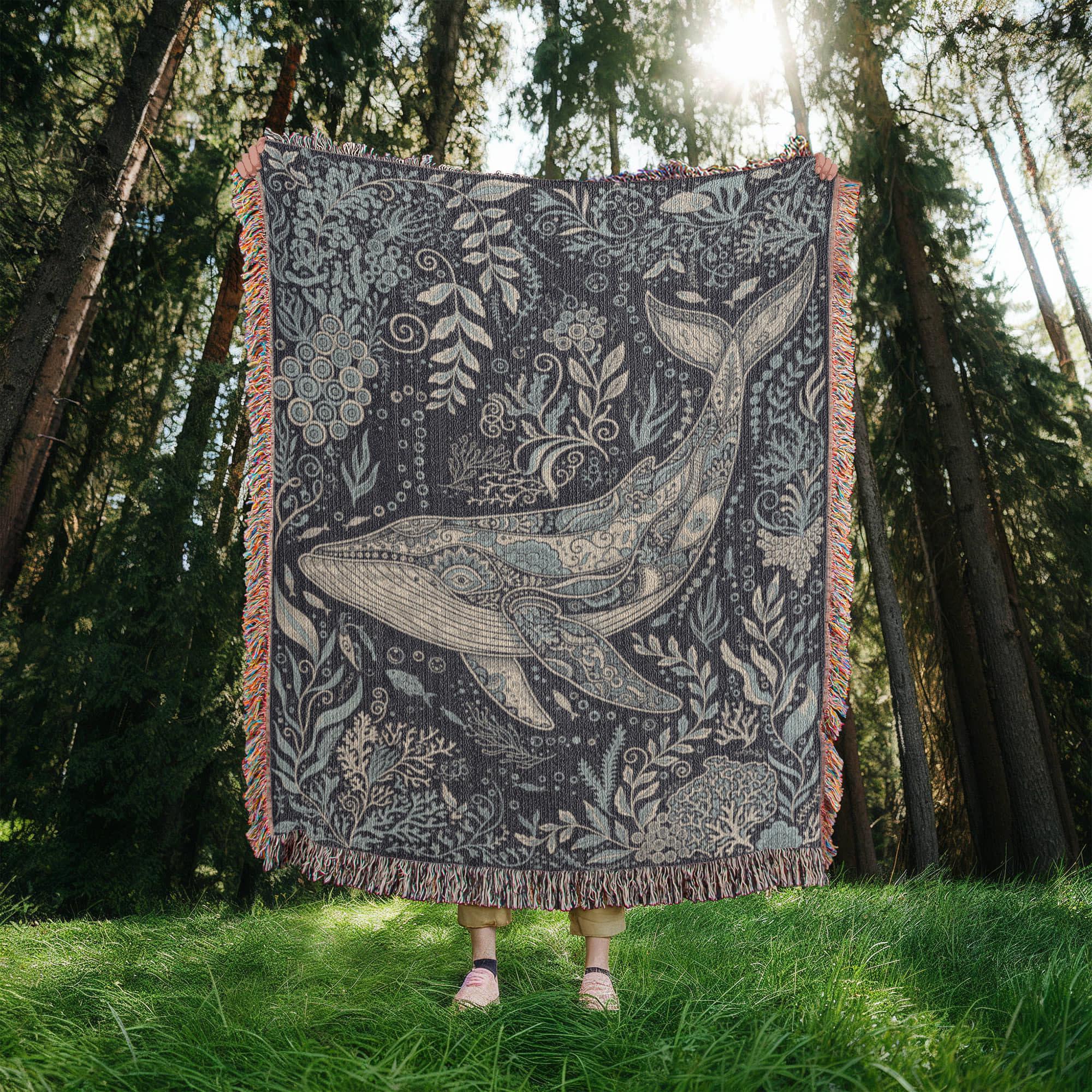 Humpback Whale Boho Coastal Decor Woven Cotton Blanket - Image 5