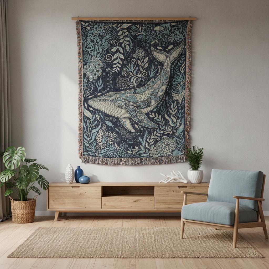 Humpback Whale Boho Coastal Decor Woven Cotton Blanket