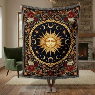 Celestial Sun and Moon Vintage Floral Woven Cotton Blanket