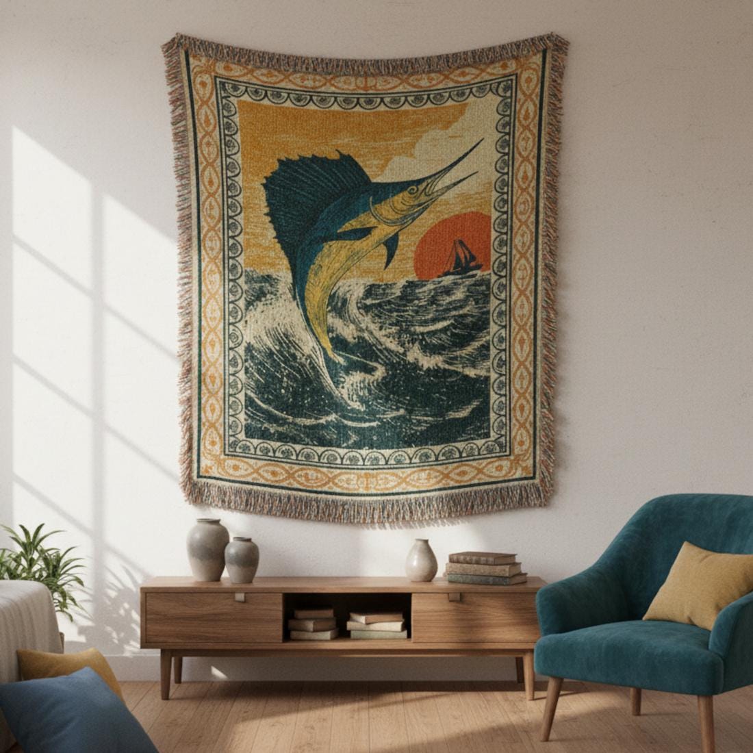 Vintage Marlin Woven Cotton Blanket