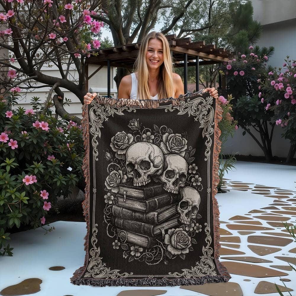 Skull and Books Botanical Gothic Victorian Woven Cotton Blanket - Image 5