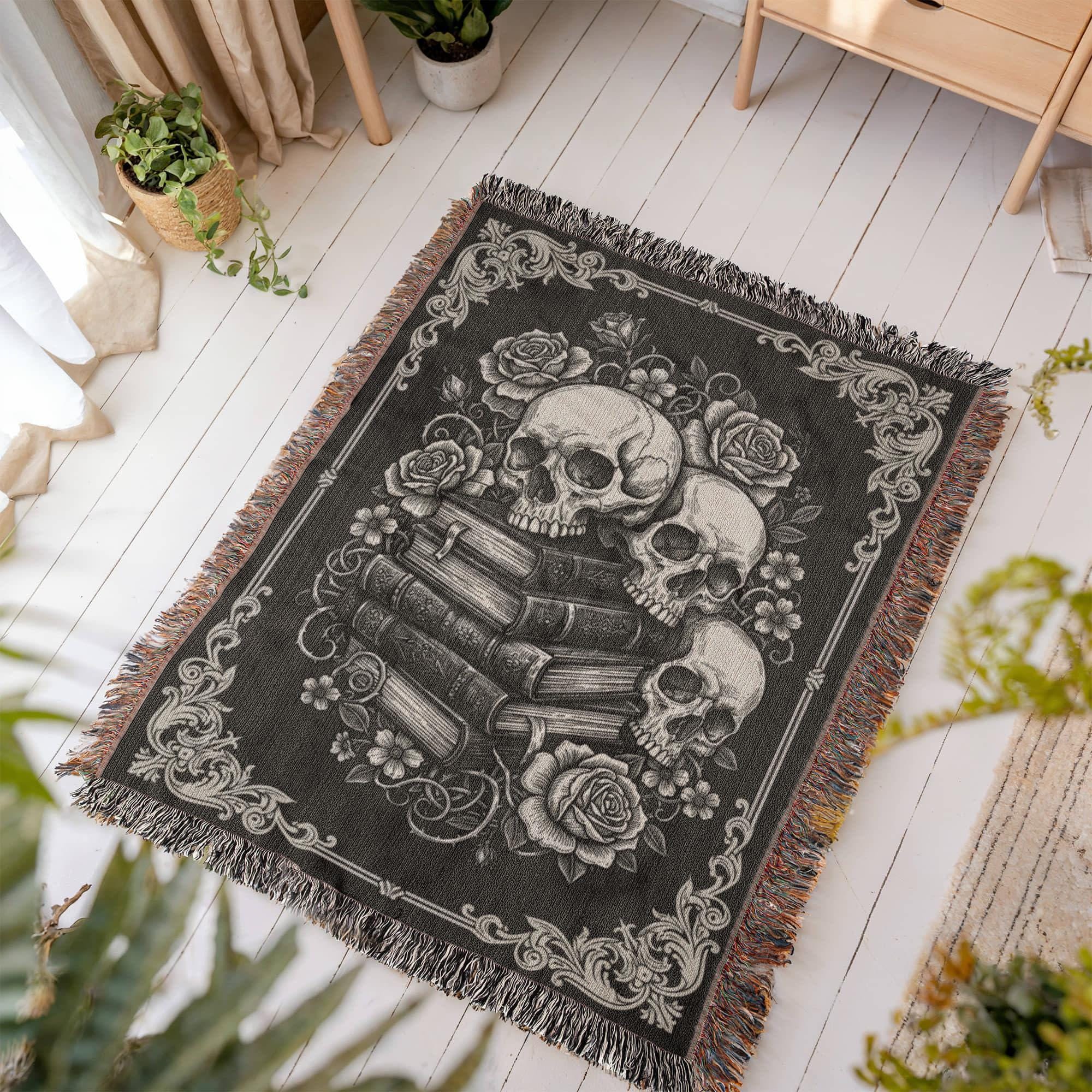 Skull and Books Botanical Gothic Victorian Woven Cotton Blanket - Image 6