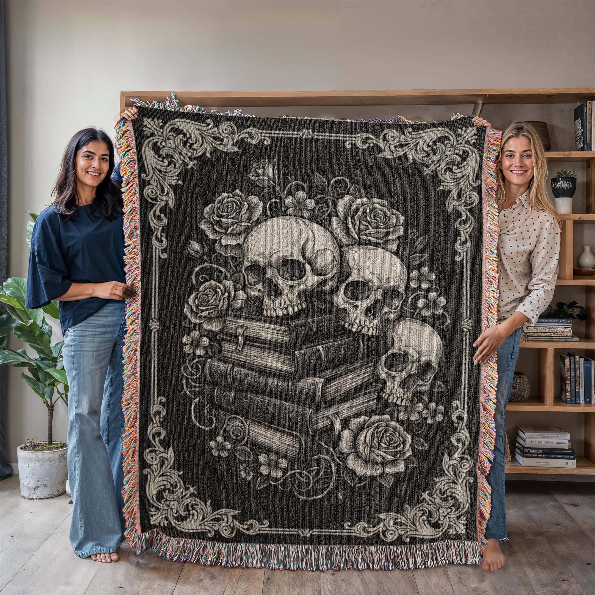 Skull and Books Botanical Gothic Victorian Woven Cotton Blanket - Image 7