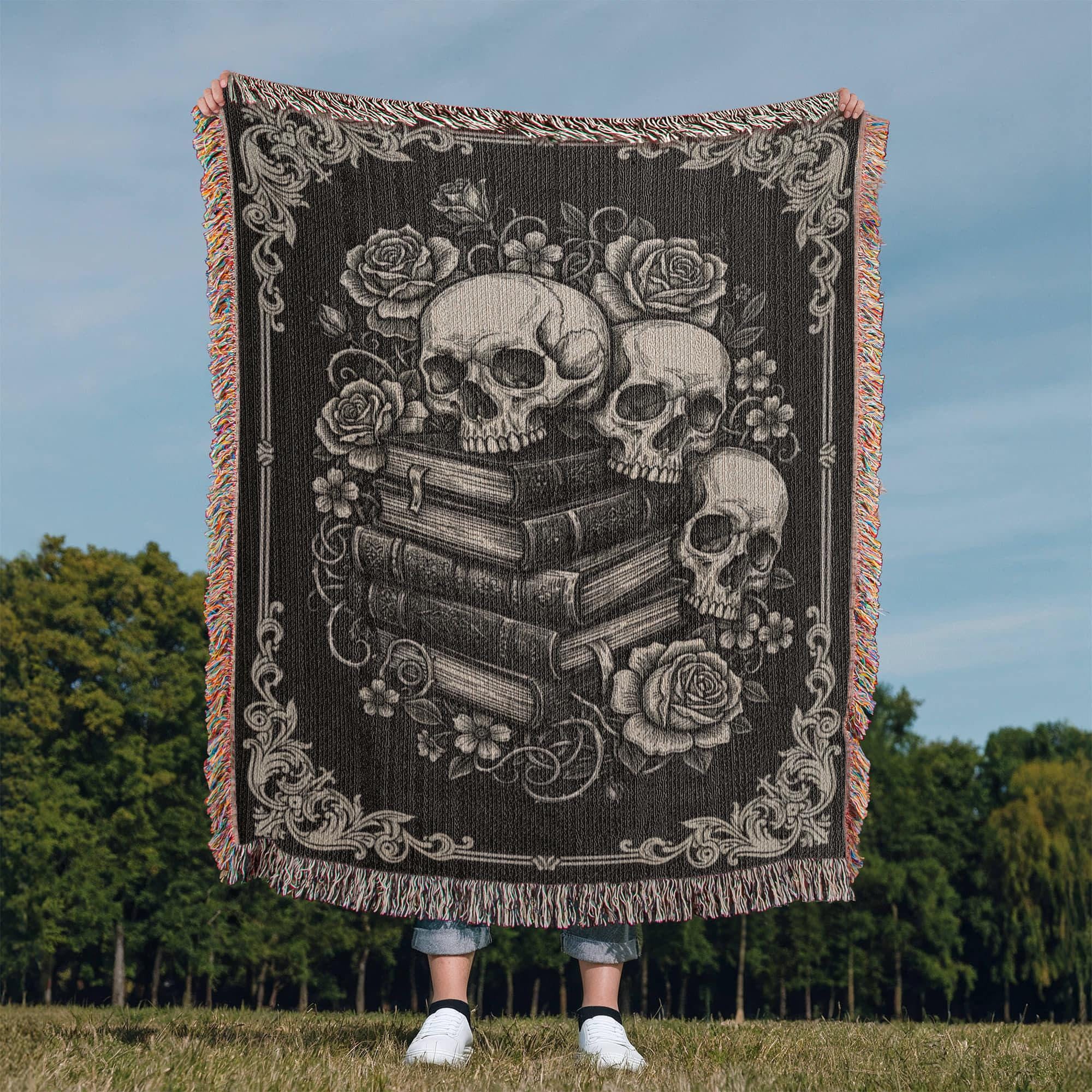 Skull and Books Botanical Gothic Victorian Woven Cotton Blanket - Image 8