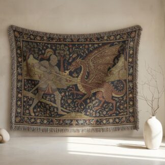 Medieval Knight and Dragon Renaissance Art Woven Cotton Blanket