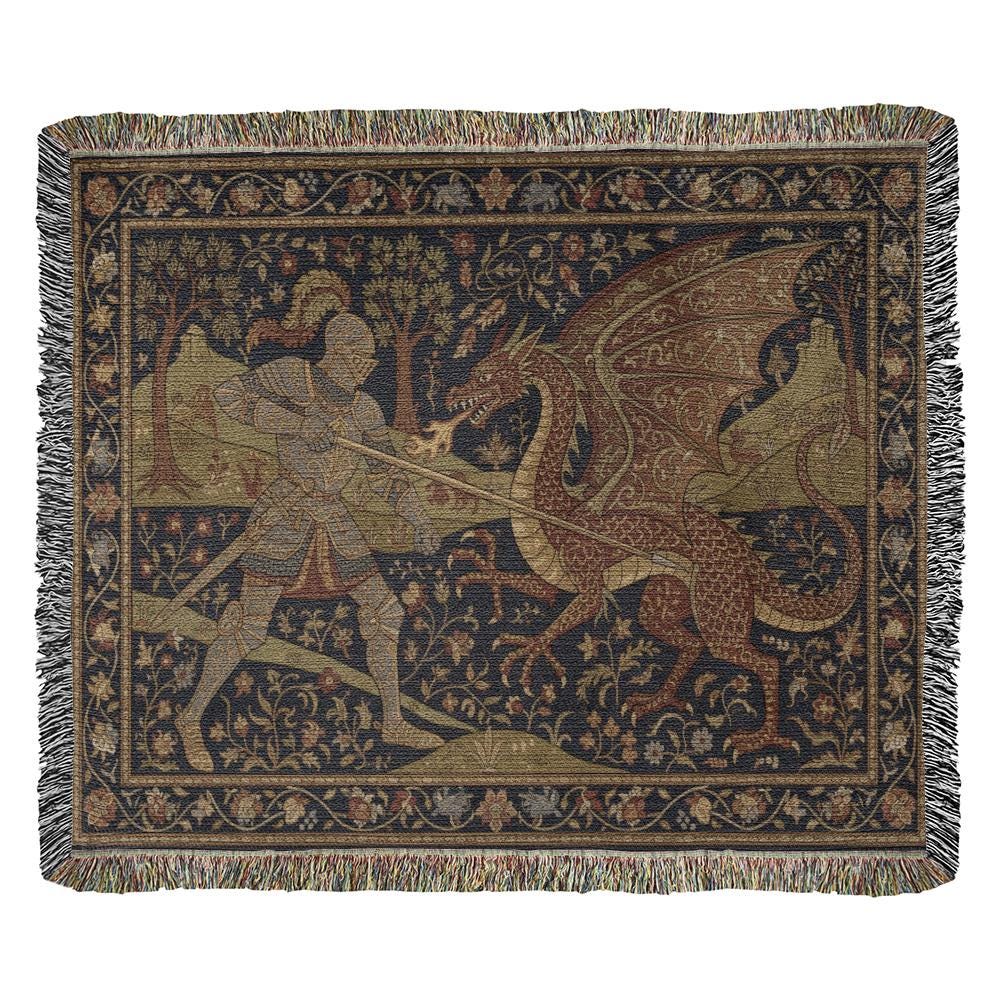 Medieval Knight and Dragon Renaissance Art Woven Cotton Blanket - Image 7