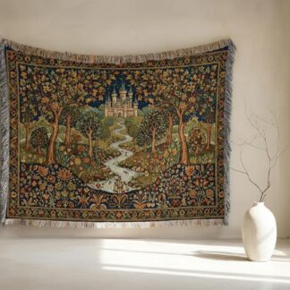 Medieval Castle & Forest Enchanted Renaissance Woven Cotton Blanket