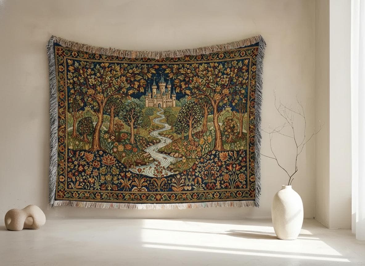 Medieval Castle & Forest Enchanted Renaissance Woven Cotton Blanket