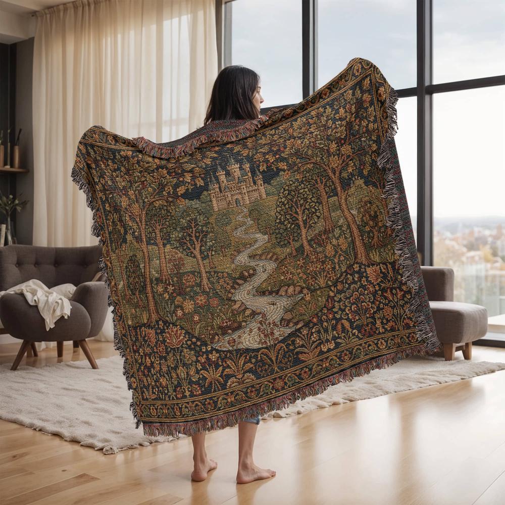 Medieval Castle & Forest Enchanted Renaissance Woven Cotton Blanket - Image 4