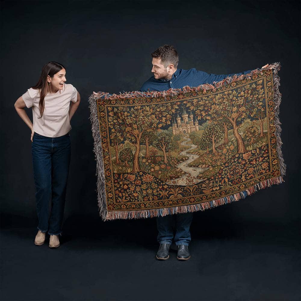 Medieval Castle & Forest Enchanted Renaissance Woven Cotton Blanket - Image 3