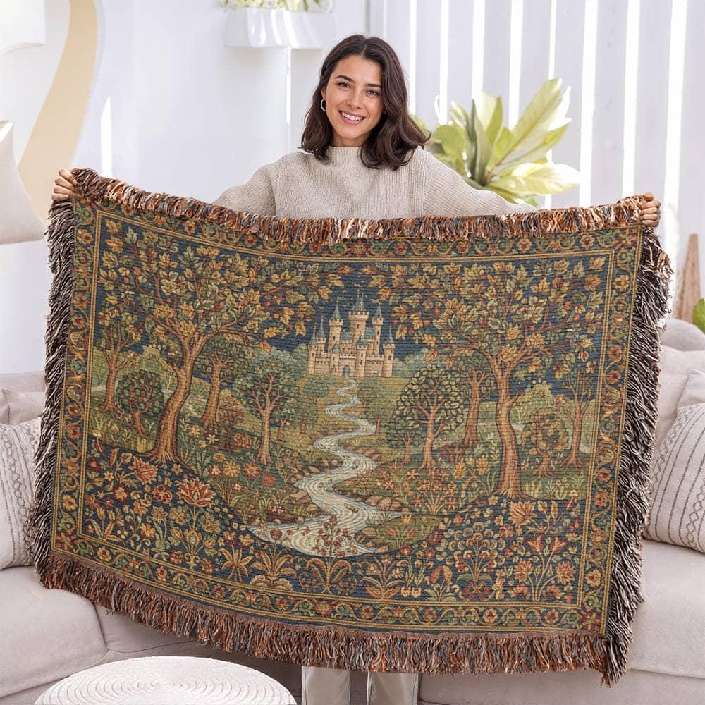 Medieval Castle & Forest Enchanted Renaissance Woven Cotton Blanket - Image 7