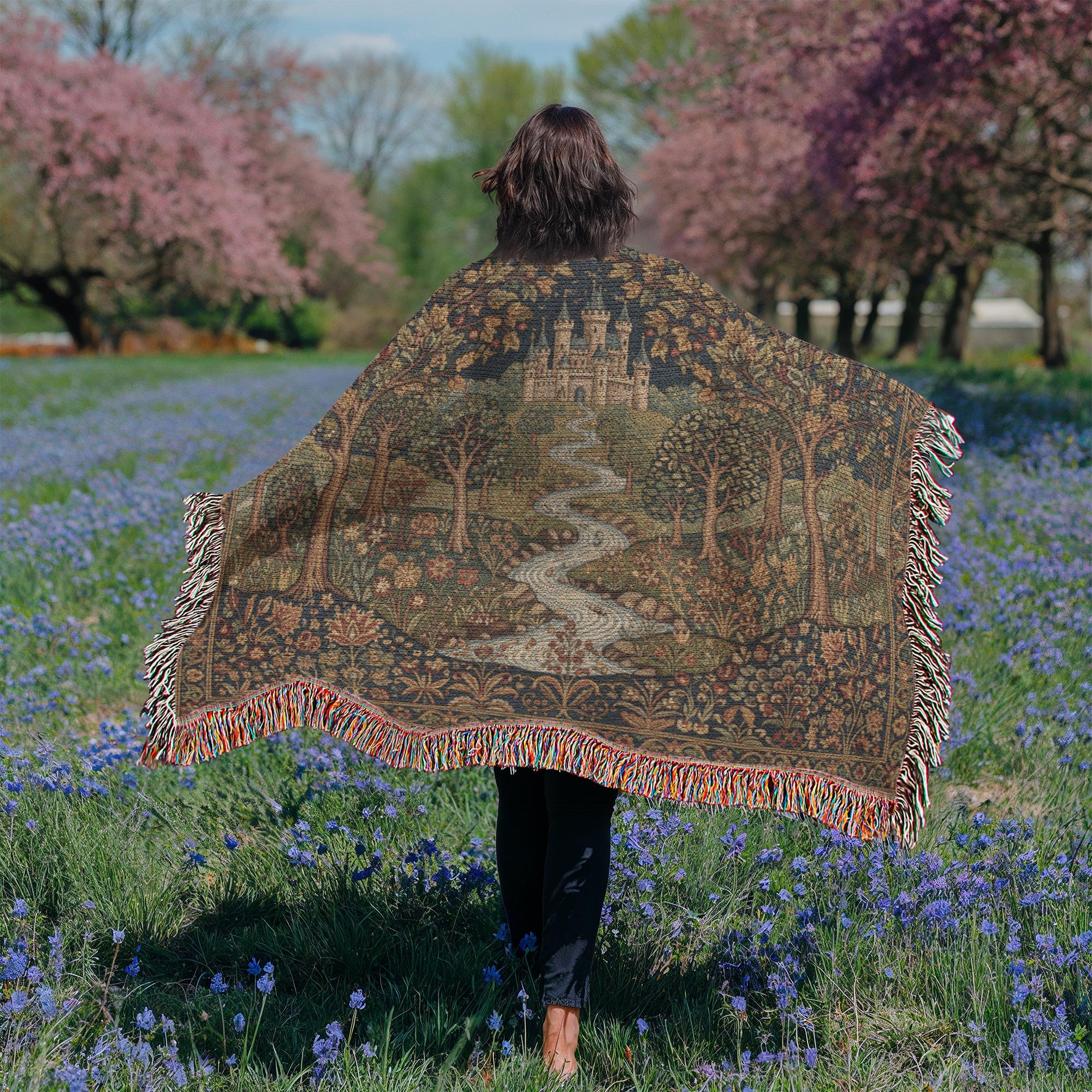 Medieval Castle & Forest Enchanted Renaissance Woven Cotton Blanket - Image 6