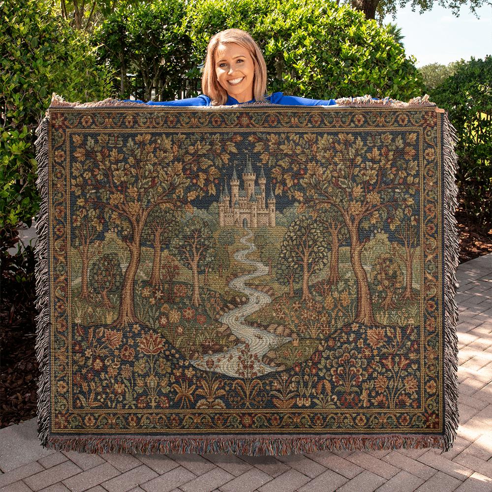 Medieval Castle & Forest Enchanted Renaissance Woven Cotton Blanket - Image 5