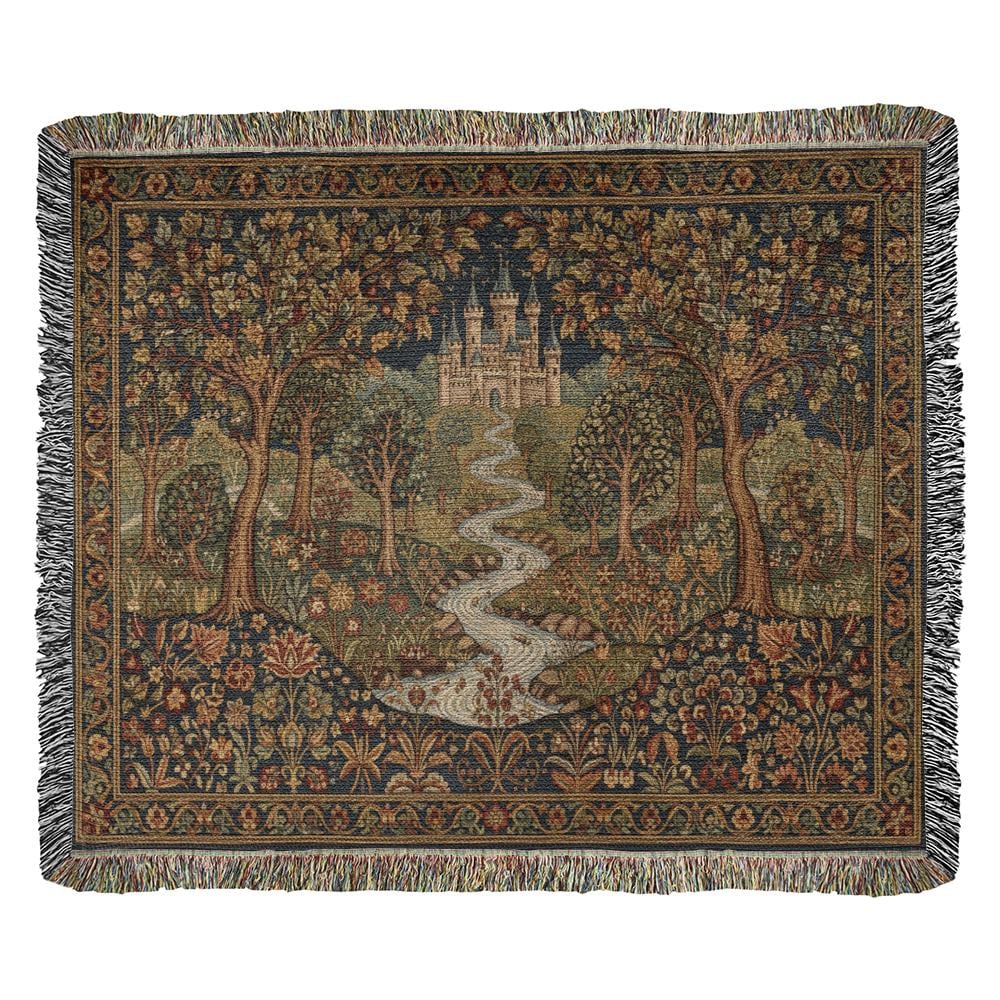 Medieval Castle & Forest Enchanted Renaissance Woven Cotton Blanket - Image 8
