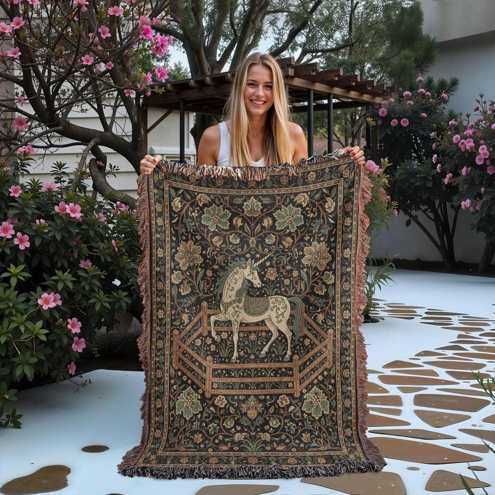 Vintage Medieval Unicorn in Captivity Woven Cotton Blanket - Image 2
