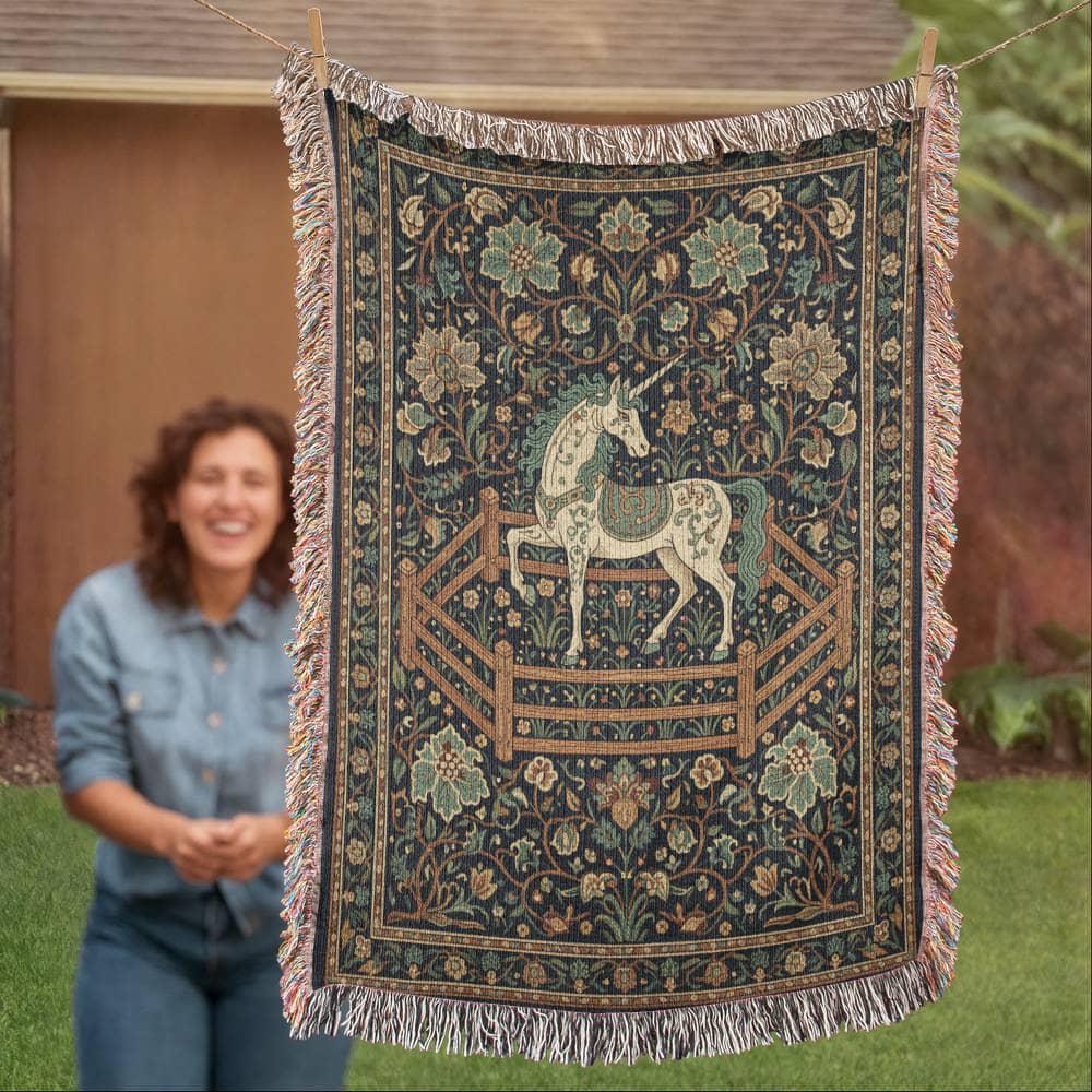 Vintage Medieval Unicorn in Captivity Woven Cotton Blanket - Image 7