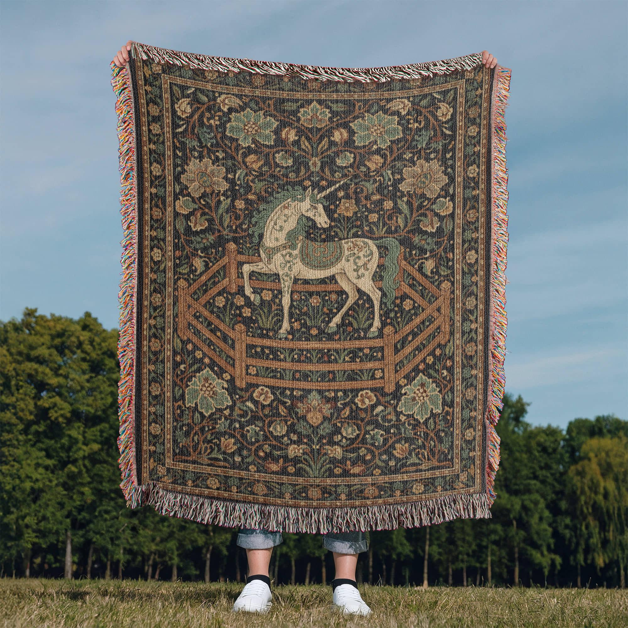 Vintage Medieval Unicorn in Captivity Woven Cotton Blanket - Image 9