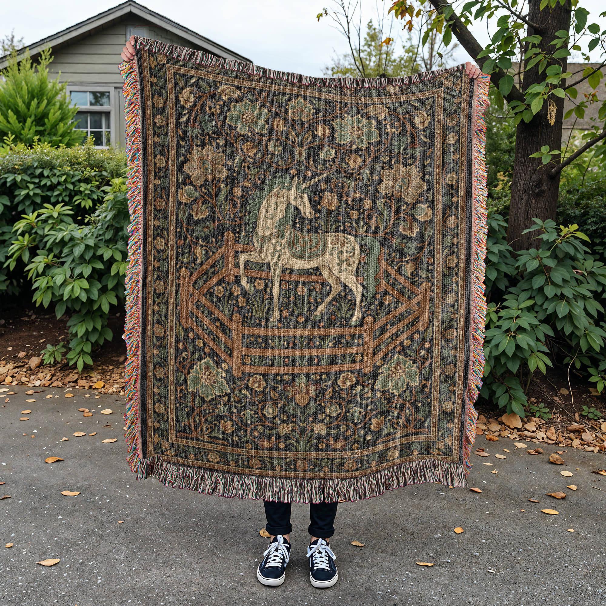 Vintage Medieval Unicorn in Captivity Woven Cotton Blanket - Image 4