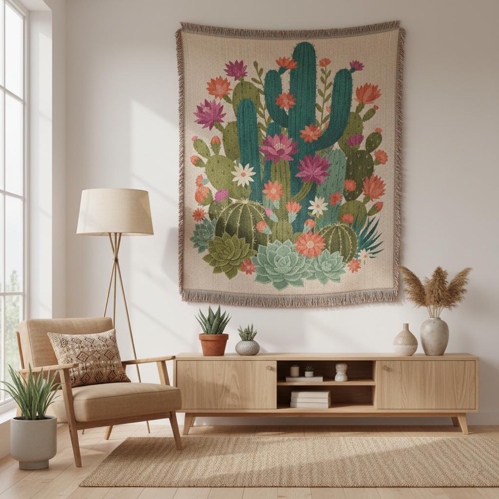 Vintage Mexican Cactus Colourful Latin Woven Cotton Blanket
