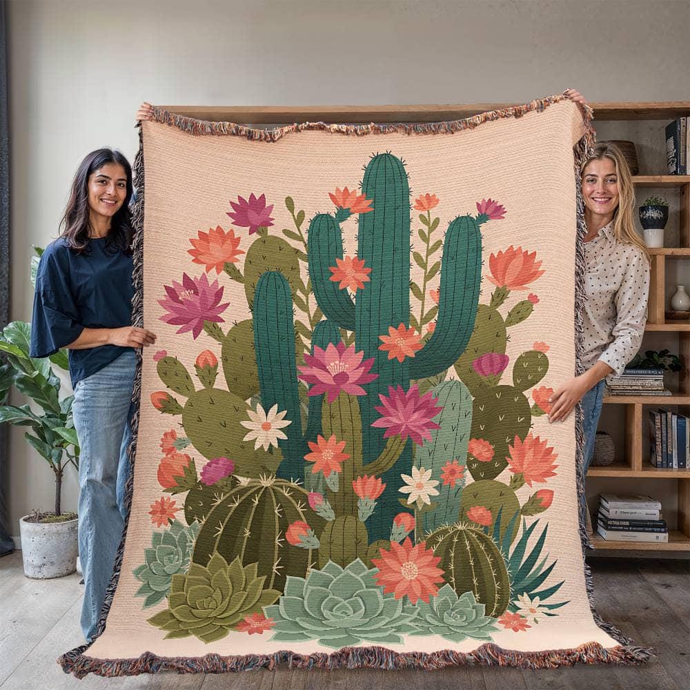 Vintage Mexican Cactus Colourful Latin Woven Cotton Blanket - Image 4