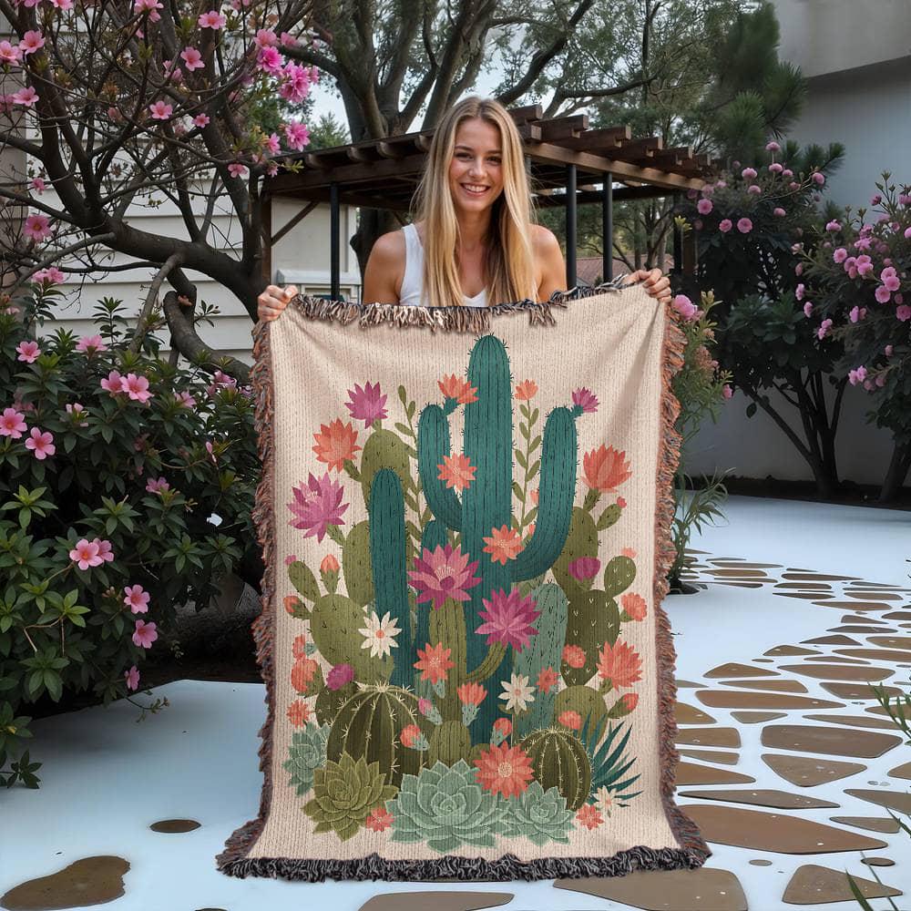 Vintage Mexican Cactus Colourful Latin Woven Cotton Blanket - Image 2