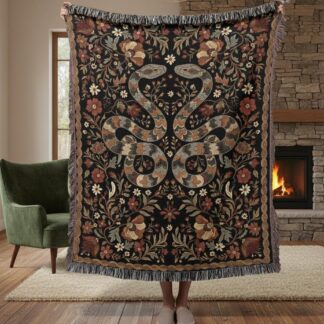 Snakes Boho Dark Botanical Serpent Woven Cotton Blanket