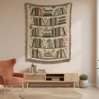 Vintage Bookshelf Floral Library Woven Cotton Blanket