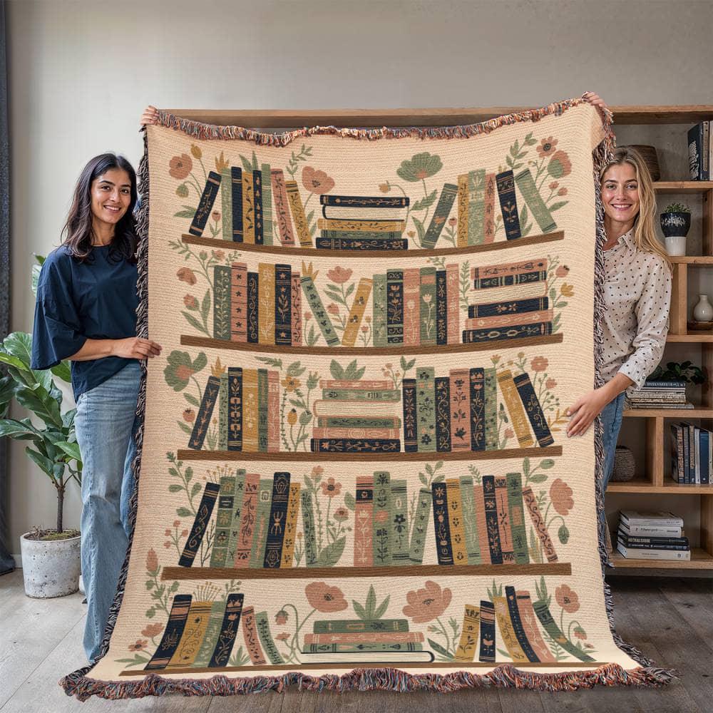 Vintage Bookshelf Floral Library Woven Cotton Blanket - Image 5