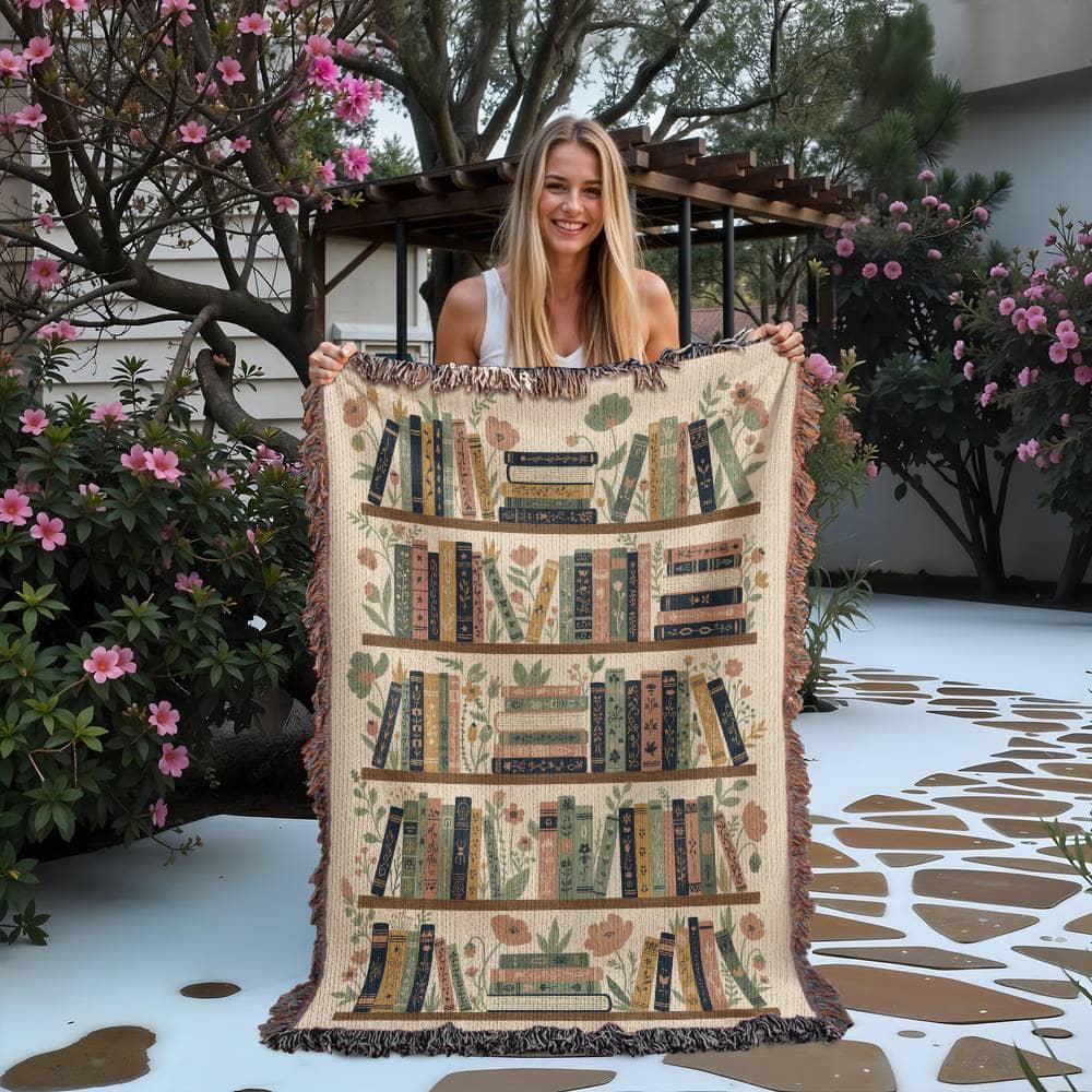 Vintage Bookshelf Floral Library Woven Cotton Blanket - Image 2
