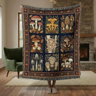 Vintage Mushroom Cottagecore Botanical Decor, Woven Cotton Blanket