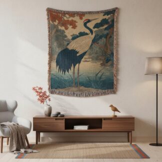 Vintage Crane Japanese Style Heron Woven Cotton Blanket