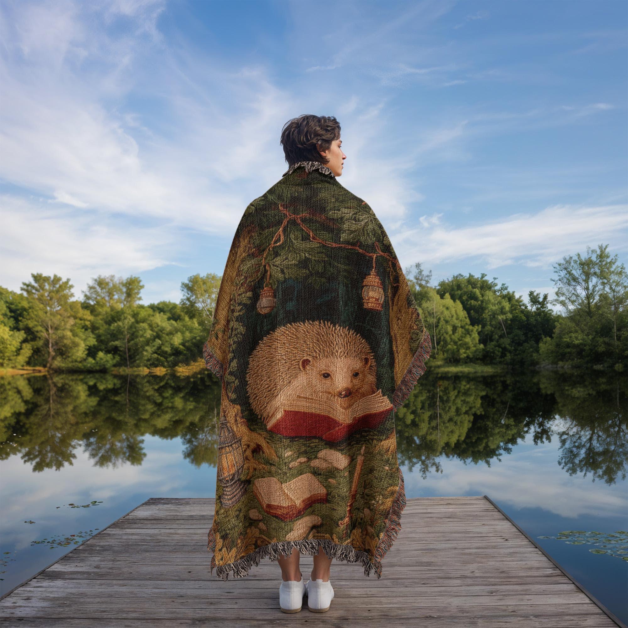 Whimsical Reading Hedgehog Cottagecore Forest Woven Cotton Blanket - Image 5