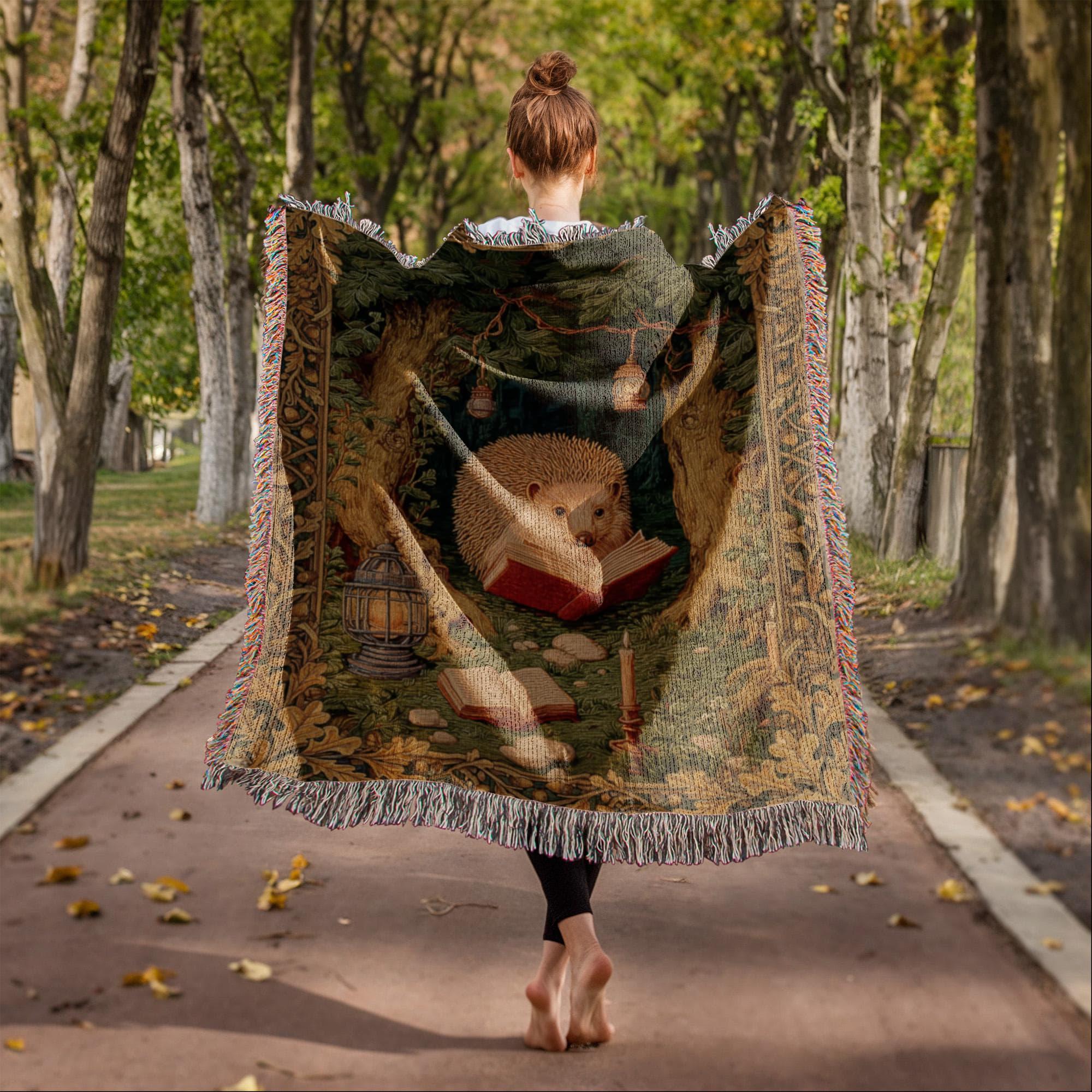 Whimsical Reading Hedgehog Cottagecore Forest Woven Cotton Blanket - Image 3