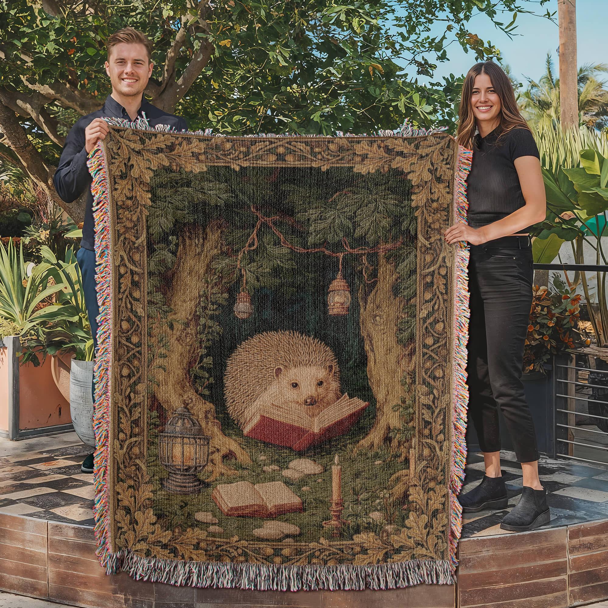Whimsical Reading Hedgehog Cottagecore Forest Woven Cotton Blanket - Image 6