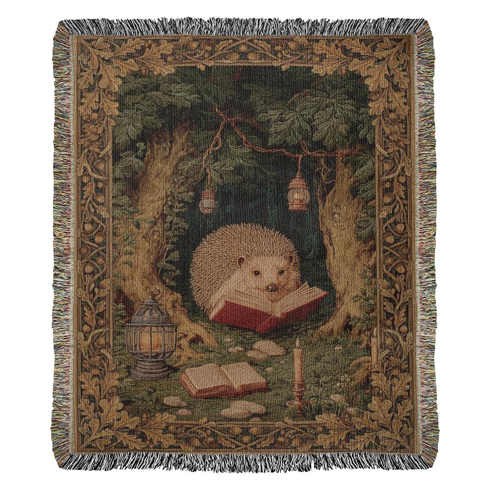 Whimsical Reading Hedgehog Cottagecore Forest Woven Cotton Blanket - Image 9