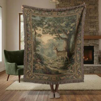 French Vintage Forest Deer Woven Cotton Blanket