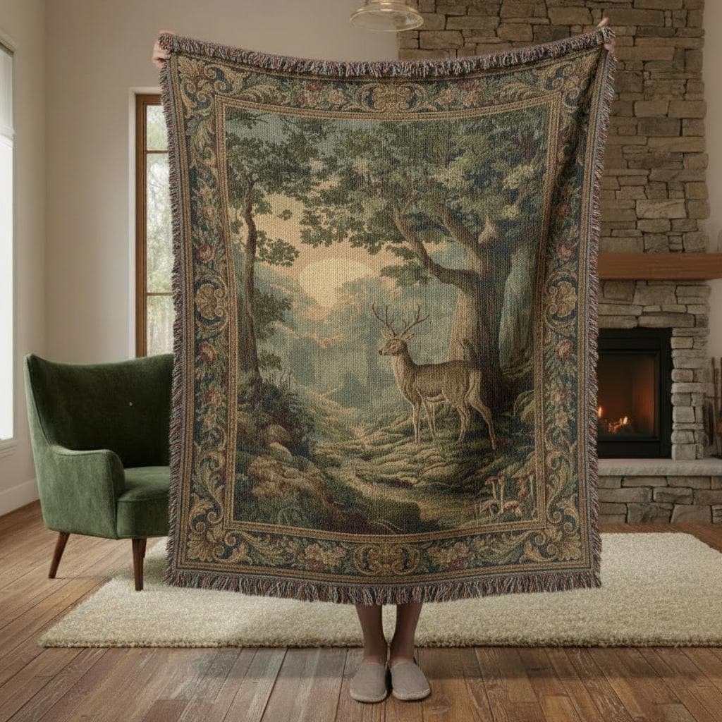 French Vintage Forest Deer Woven Cotton Blanket