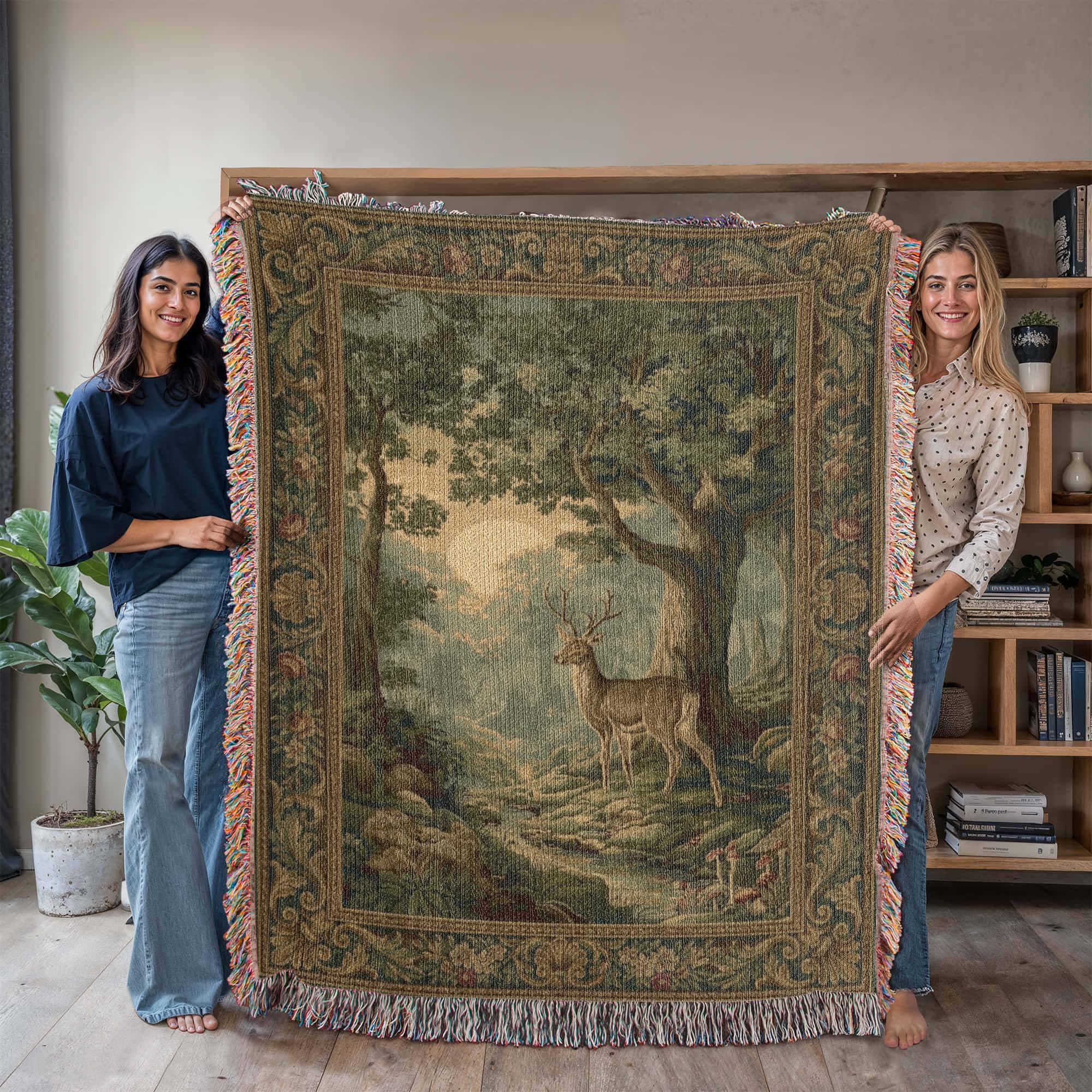 French Vintage Forest Deer Woven Cotton Blanket - Image 8