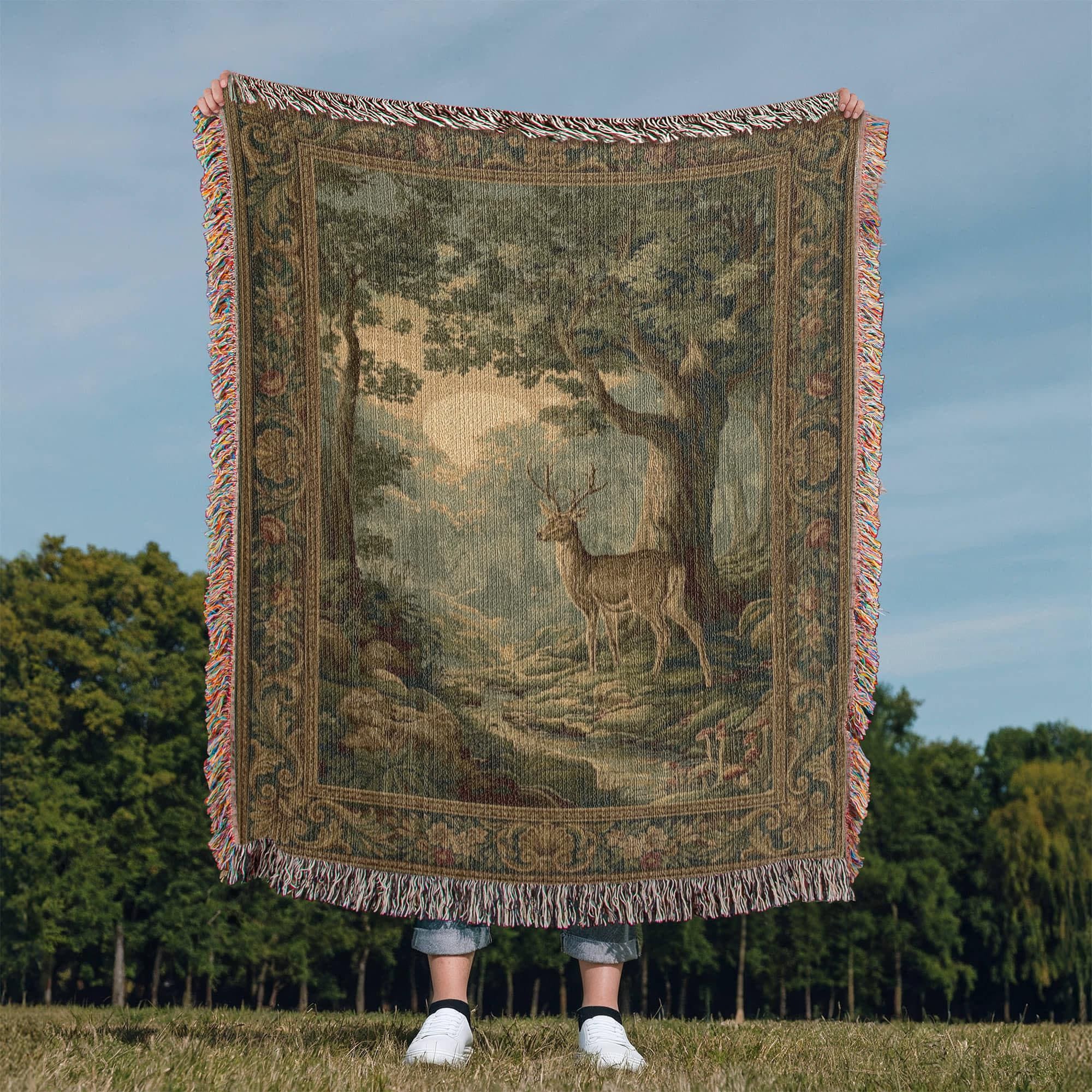 French Vintage Forest Deer Woven Cotton Blanket - Image 9
