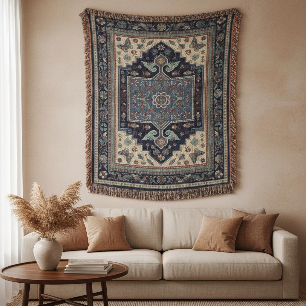 Hmong Indigo Blue Miao Folk Art Woven Cotton Blanket