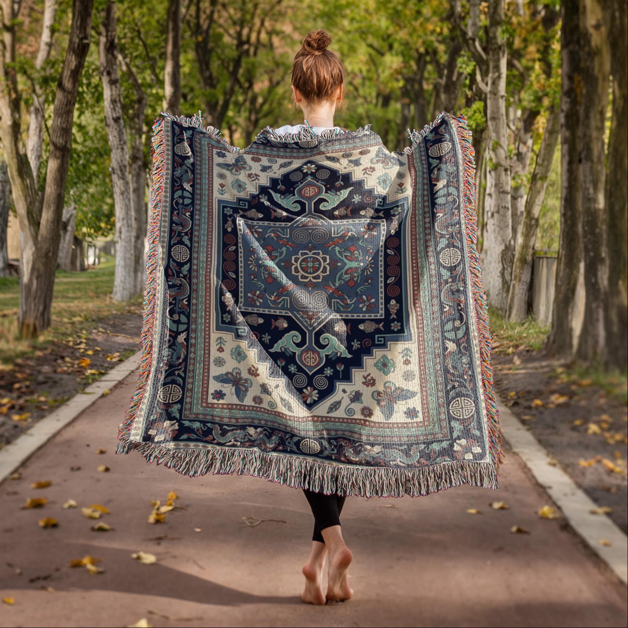 Hmong Indigo Blue Miao Folk Art Woven Cotton Blanket - Image 3