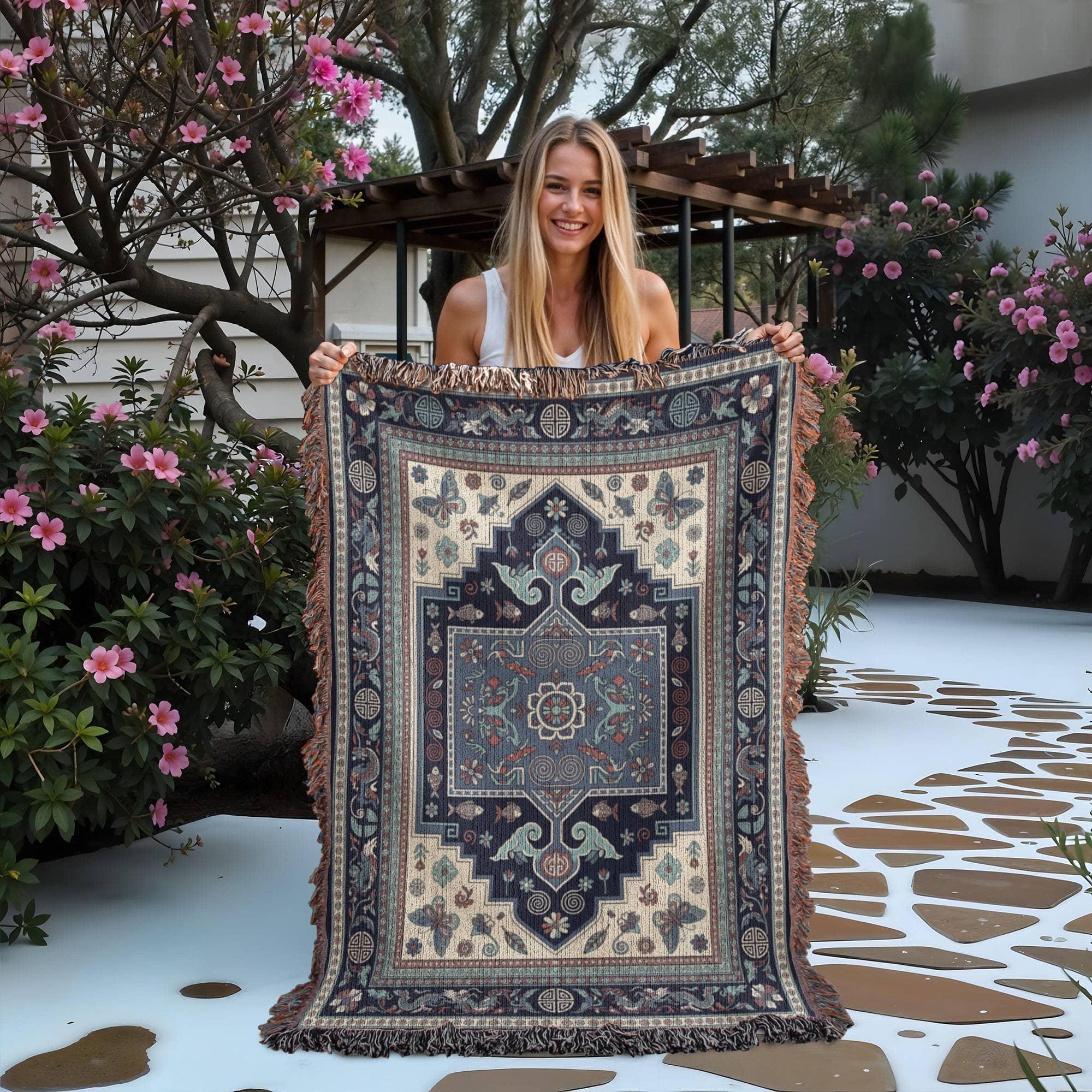 Hmong Indigo Blue Miao Folk Art Woven Cotton Blanket - Image 2