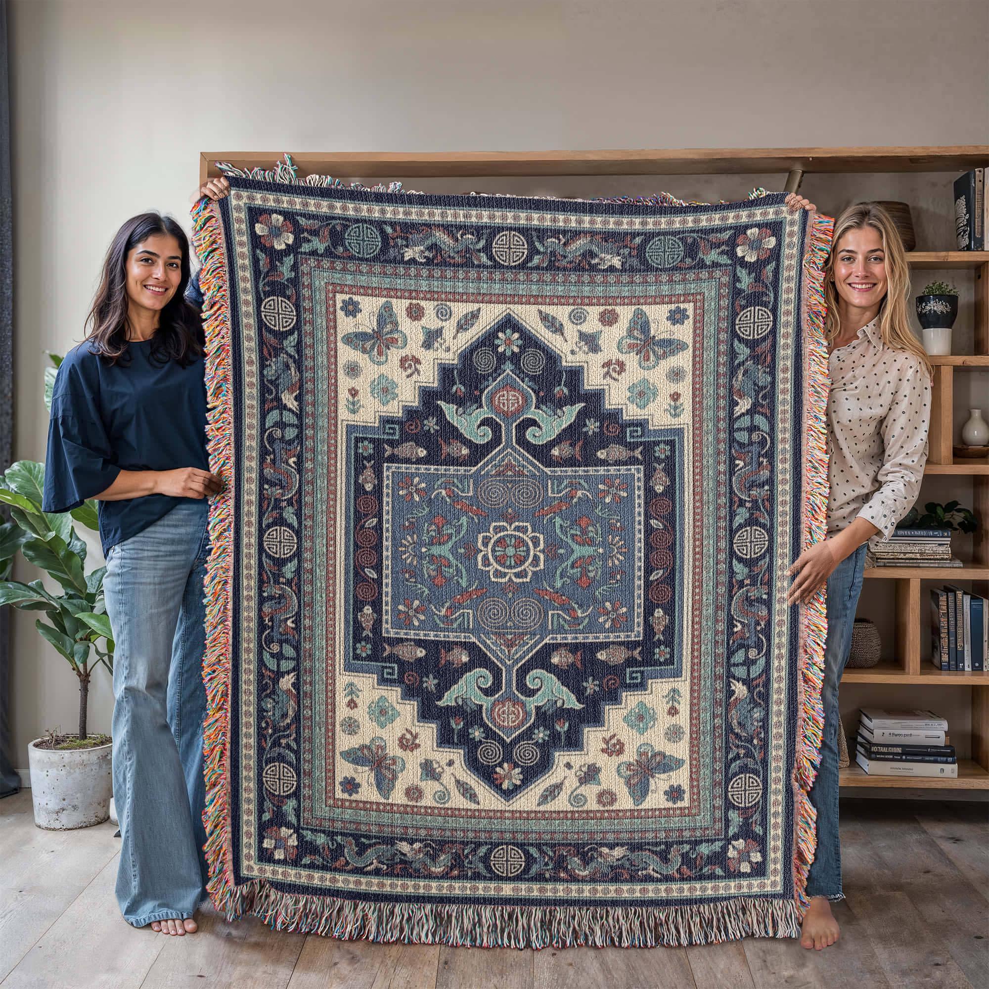 Hmong Indigo Blue Miao Folk Art Woven Cotton Blanket - Image 6